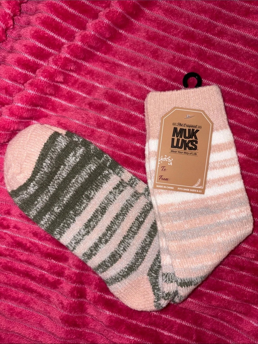 Muk Luks Pink & Olive Striped Cozy Crew Socks Size 6-11